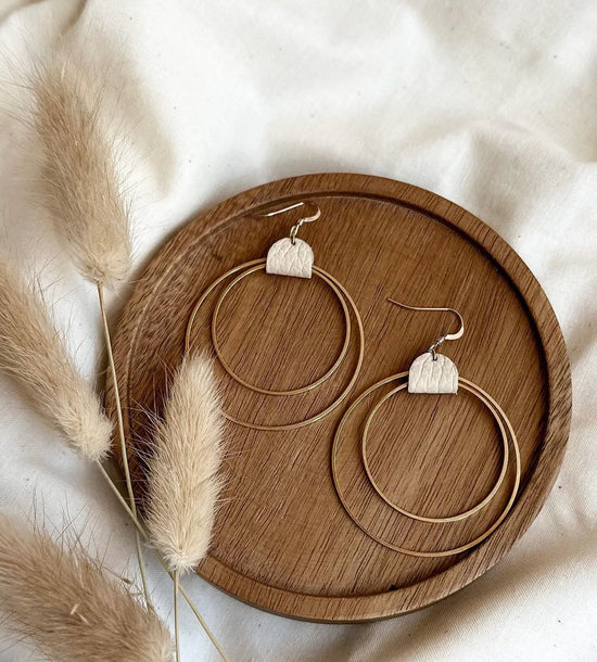 White Birch Leather & Brass Double Circle Earrings Earrings White Birch Jewelry Distressed Beige  